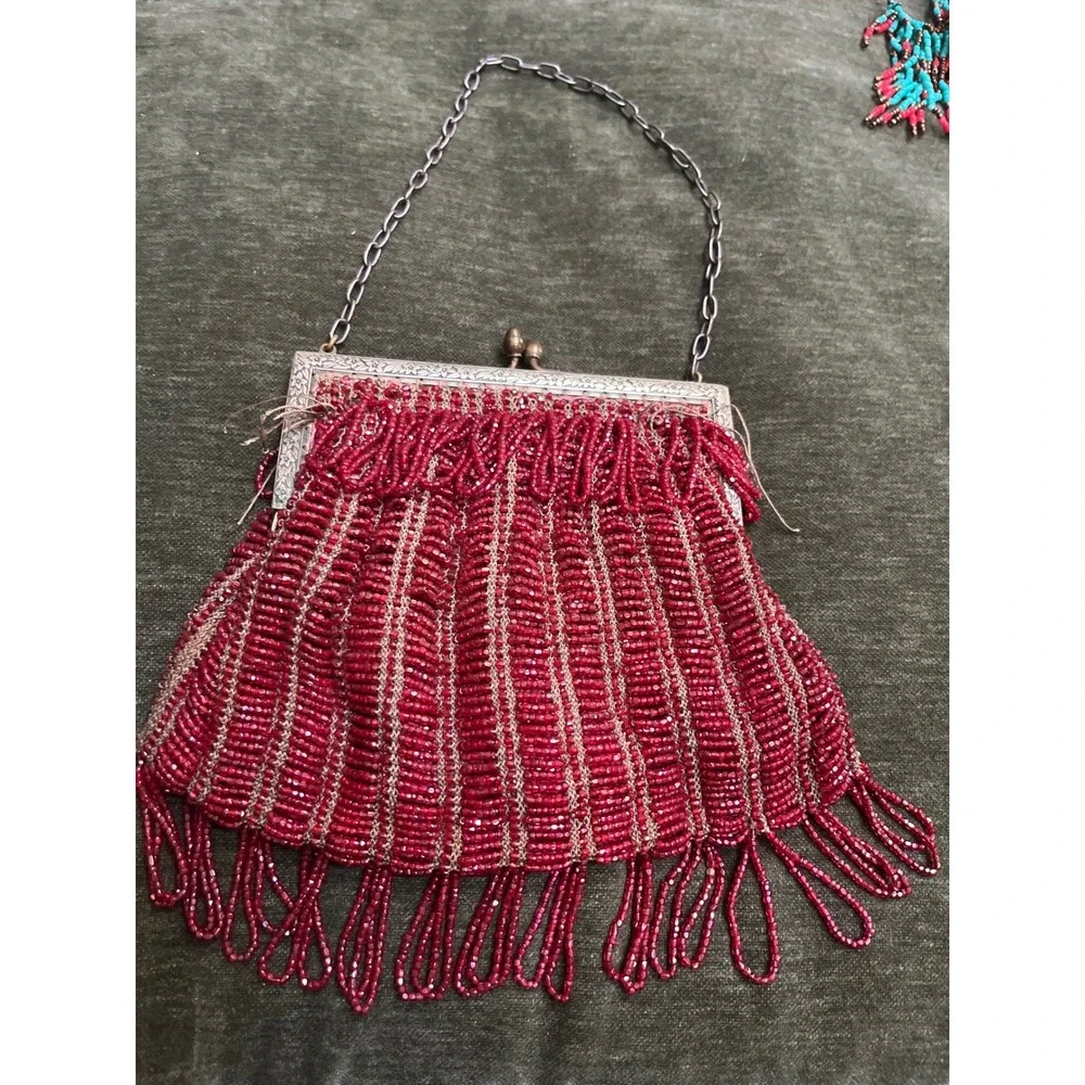 Antique 1920s‎ Red Micro Beaded Fringe Purse Art Deco Floral Brass Frame Flapper